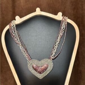 Silver and Pink Heart Pendant Necklace 16”
